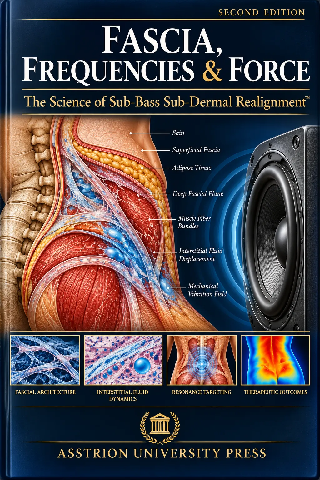 Fascia, Frequencies & Force textbook cover with an anatomical fascia cross-section beside an oversized subwoofer