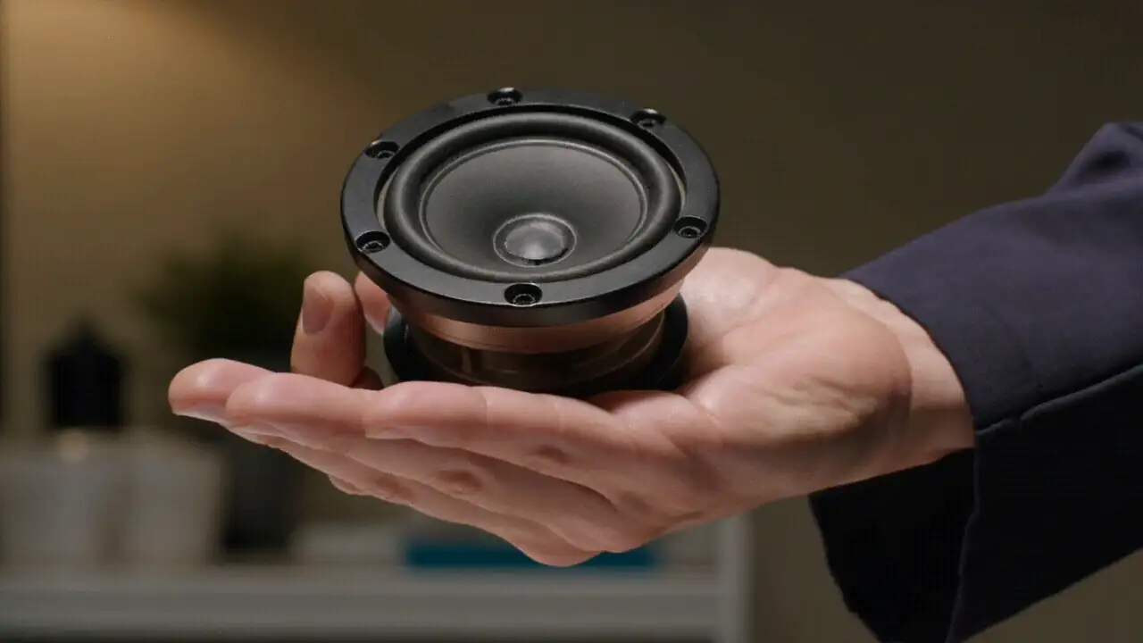A hand holding a speaker driver